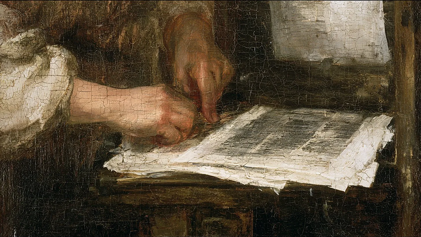 Recorte de pintura a óleo: mãos sobre folhas impressas, apontando uma linha do texto.
